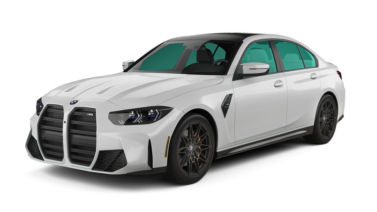 White BMW sedan with black grille and green-tinted windows on a white background