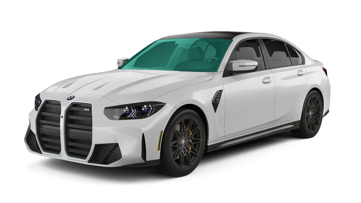 White BMW sedan on a white background, front three-quarter view with dark tinted windows and black grille