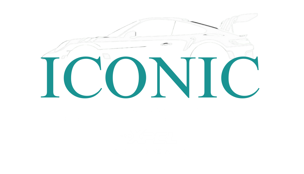 Teal &ldquo;ICONIC&rdquo; logo with a faint outline of a car above it.
