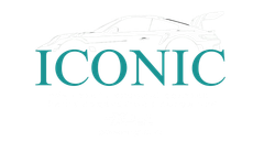 Teal &ldquo;ICONIC&rdquo; logo with a faint outline of a car above it.