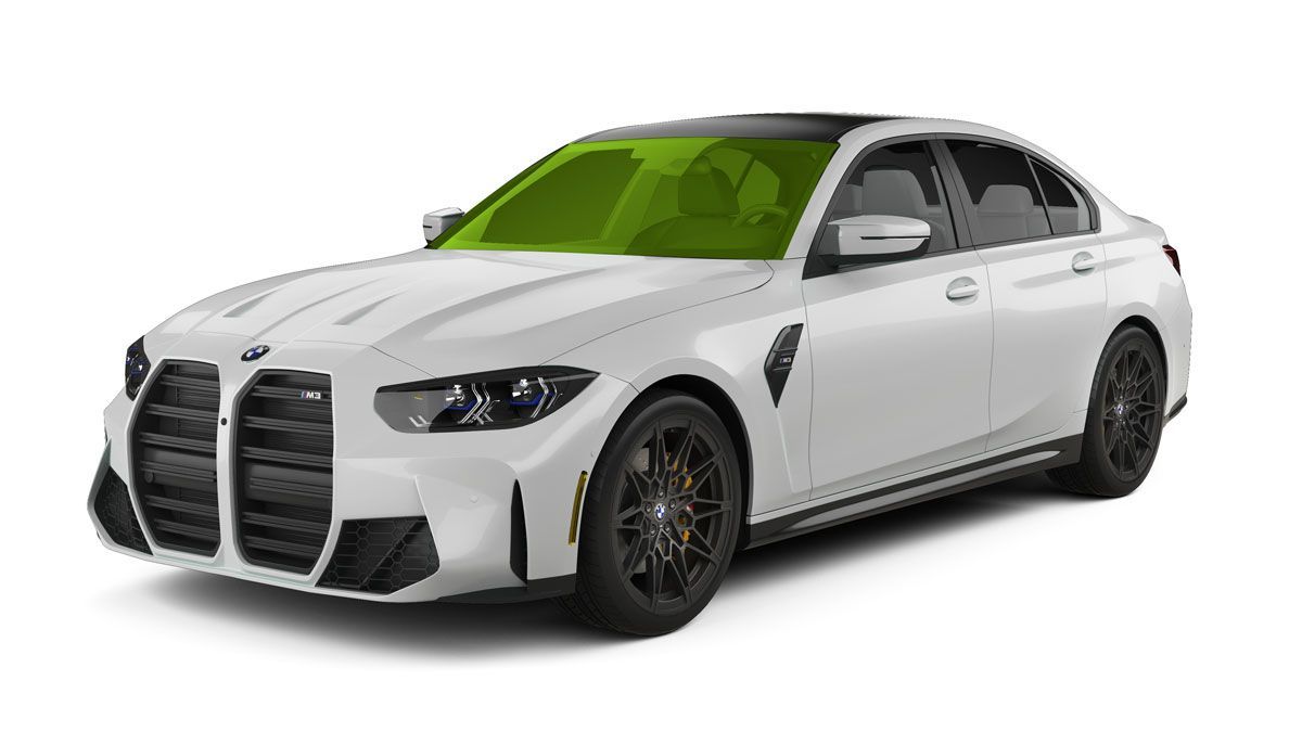 White sedan sports car with black trim and neon green windshield on a white background