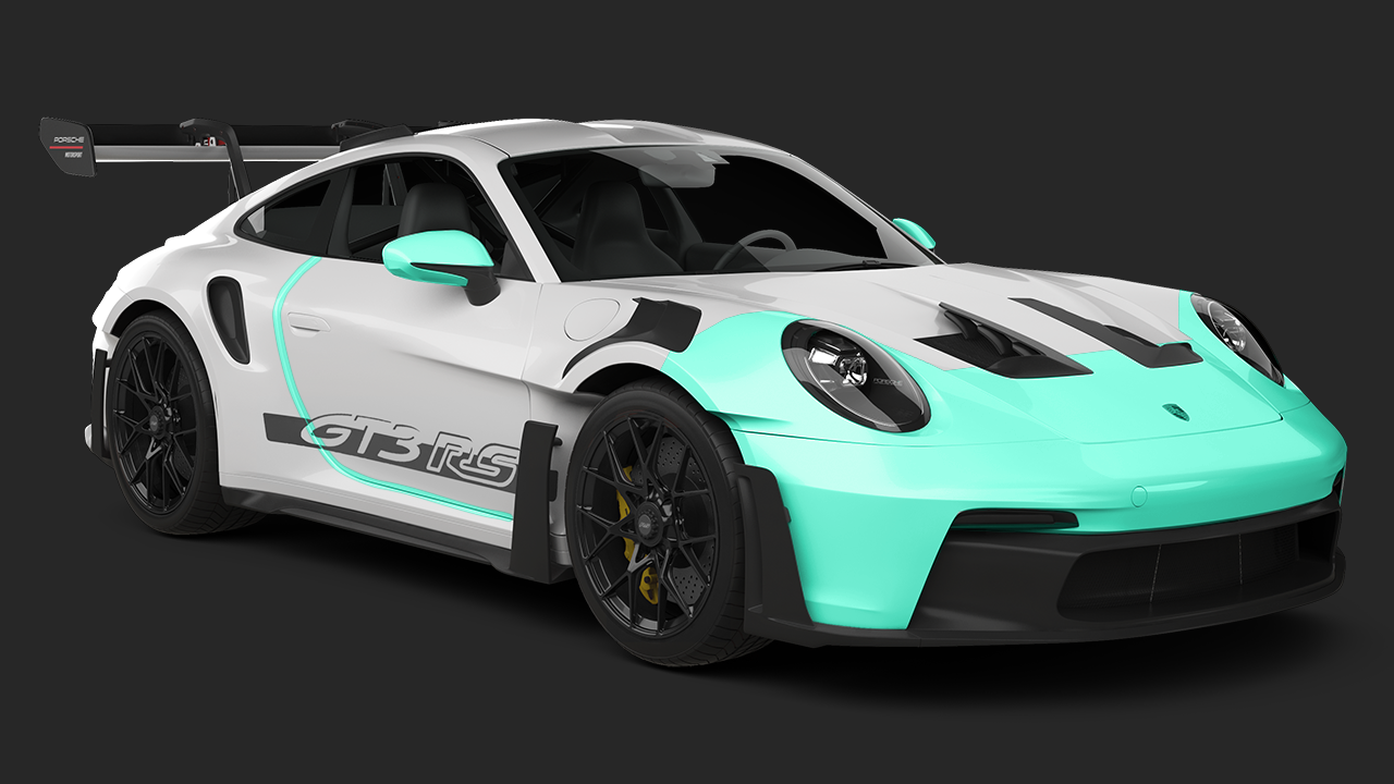 White sports car with turquoise accents and black wheels, shown in a studio-style side view.