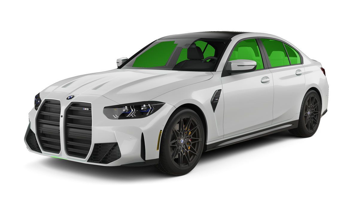 White BMW sedan with black rims, shown on a white background from a front three-quarter view