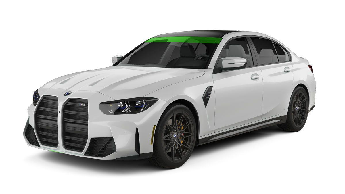 White BMW sedan on a white background, front three-quarter view