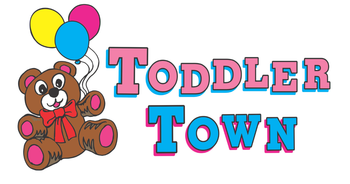Toddler Town logo with a teddy bear and colorful balloons, pink and blue text on white background