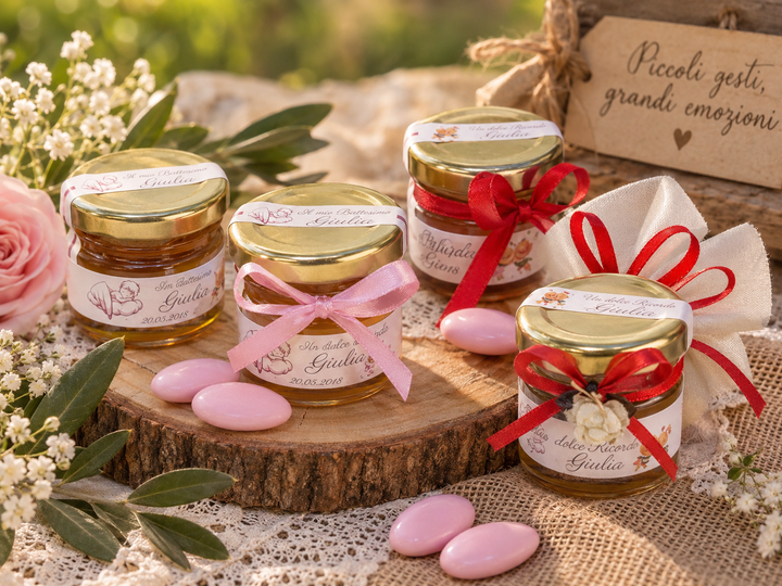 Barattoli regalo con nastri rosa e caramelle a forma di cuore su un tronco d'albero, con un biglietto romantico sullo sfondo.