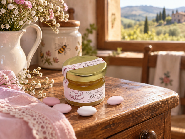 Un tavolo rustico con un piccolo vasetto di miele, fiori rosa e una finestra soleggiata che offre una vista sulle colline circostanti.