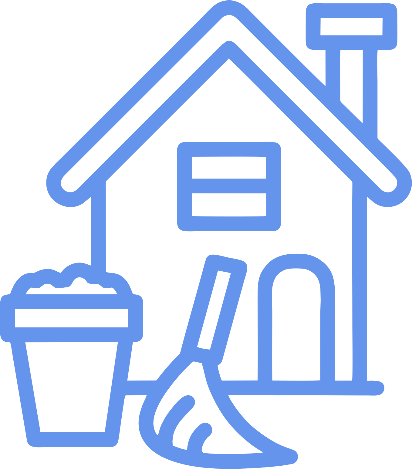 A blue line drawing of a house with a broom and bucket.