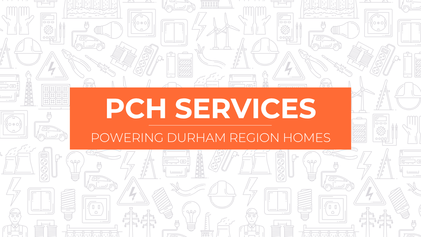 PCH Services logo on orange banner with “Powered by Durham Region Homes” over light gray line-art background