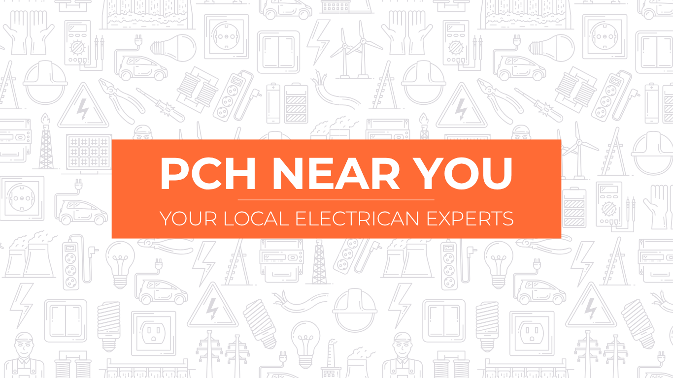Orange banner reading “PCH NEAR YOU” over a light gray patterned background
