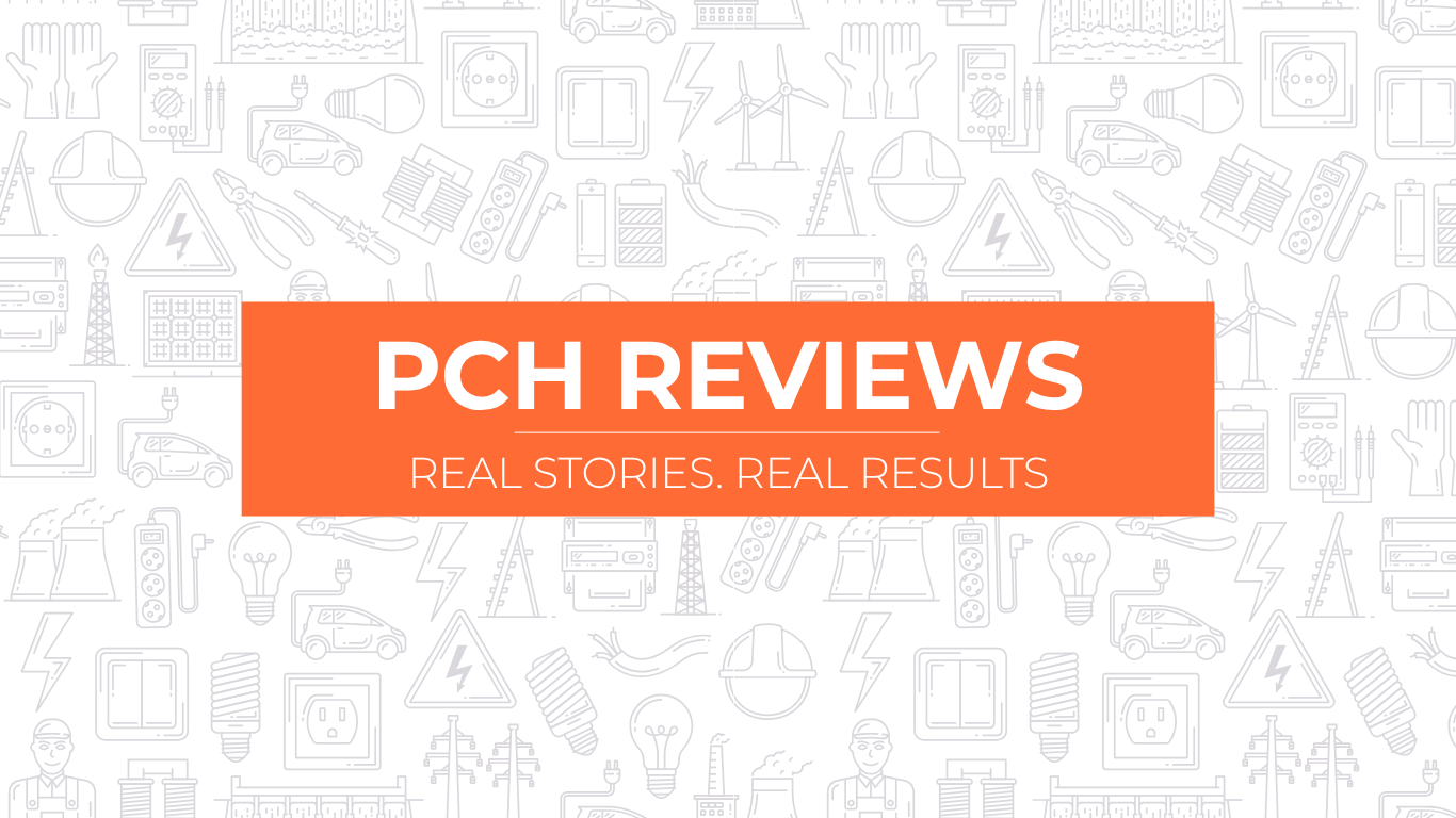 Orange PCH Reviews banner with white text, “Real scores. Real results.” on a light patterned background