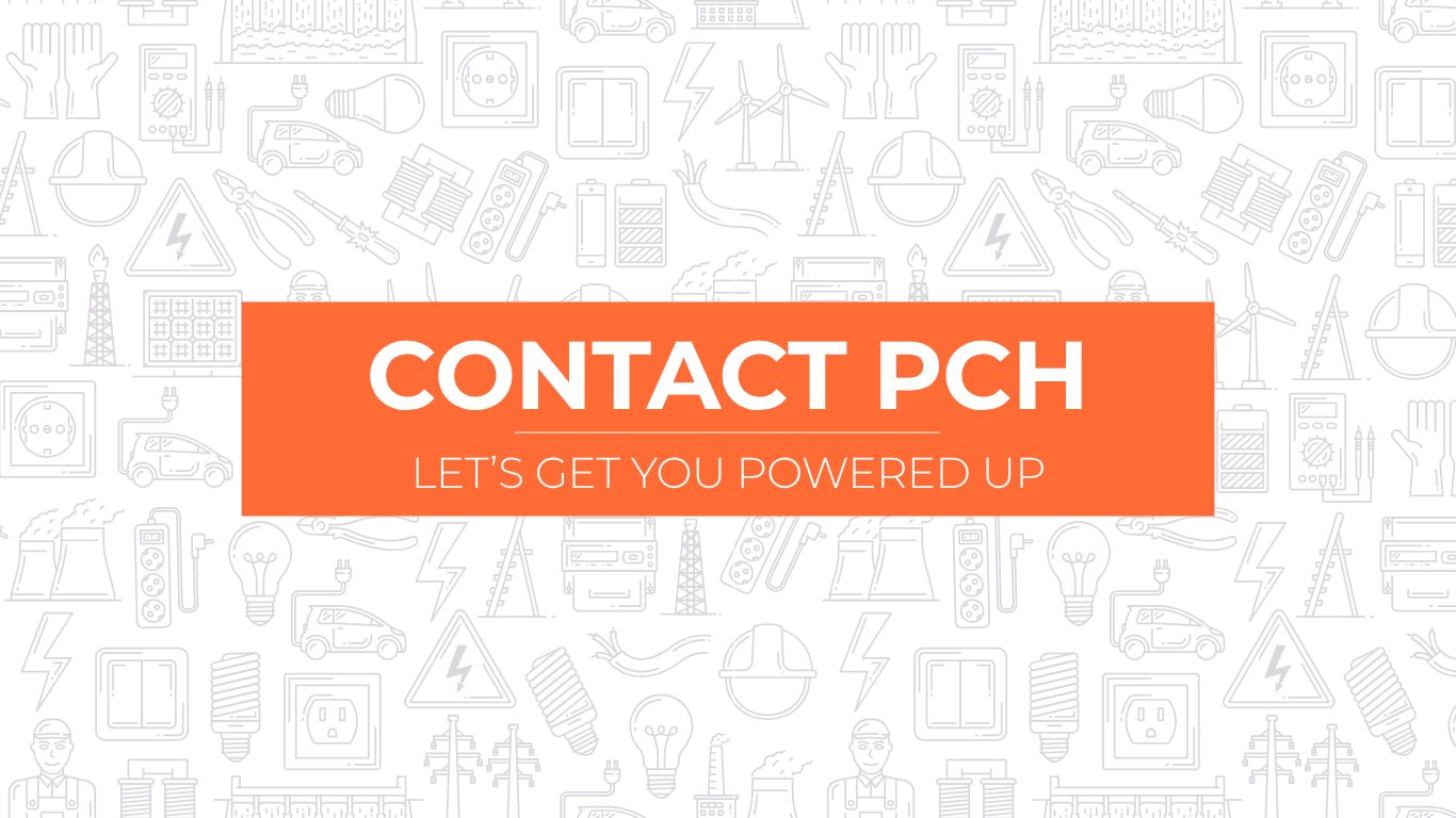 Orange “CONTACT PCH” banner with “I’LL GET YOU POWERED” on a light patterned background