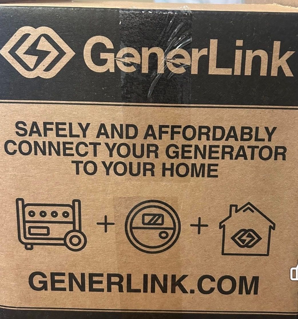 GenerLink logo and ad on cardboard box: “Safely and affordably connect your generator to your home.”