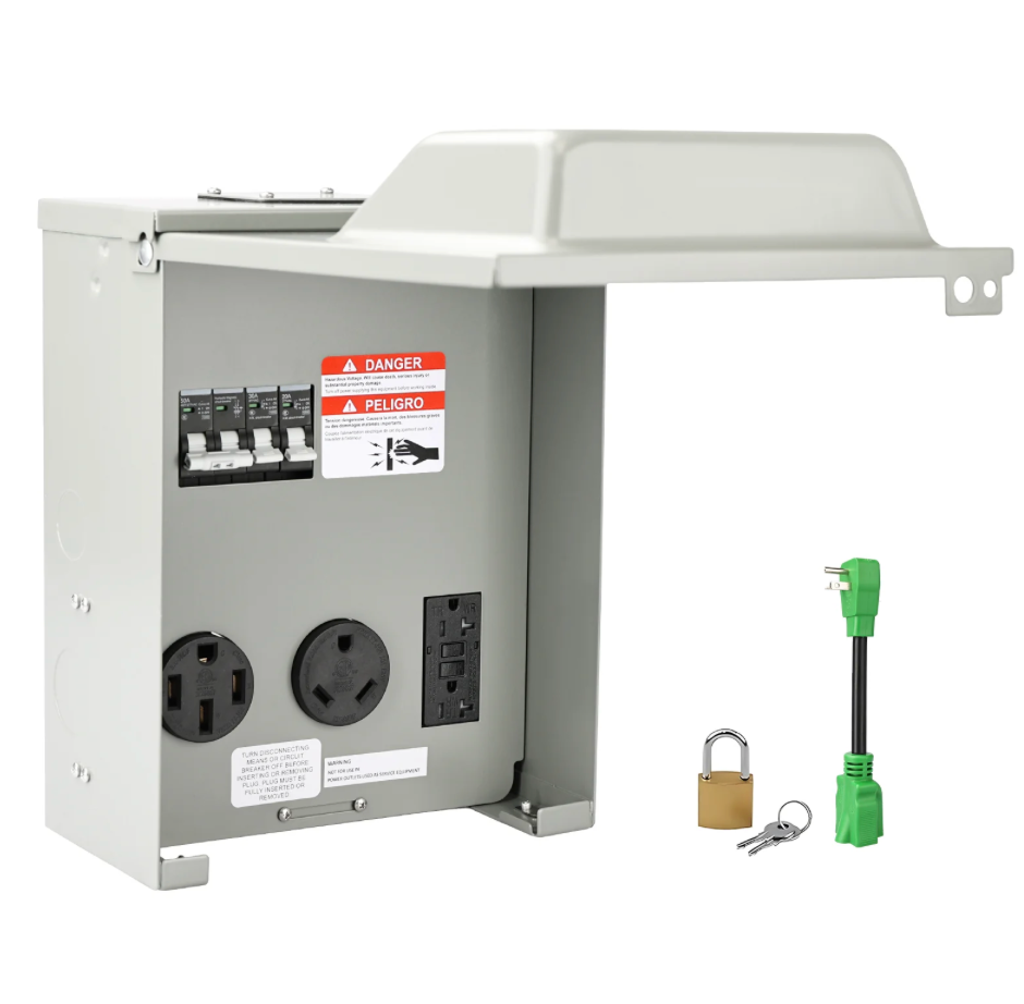 Outdoor electrical meter box with cover open, showing outlets and switch, plus a lock and key set
