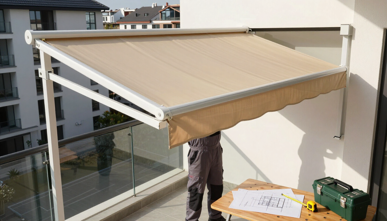 Tenda da sole retrattile beige estesa su un balcone; una persona si trova sotto di essa, vicino a un condominio.