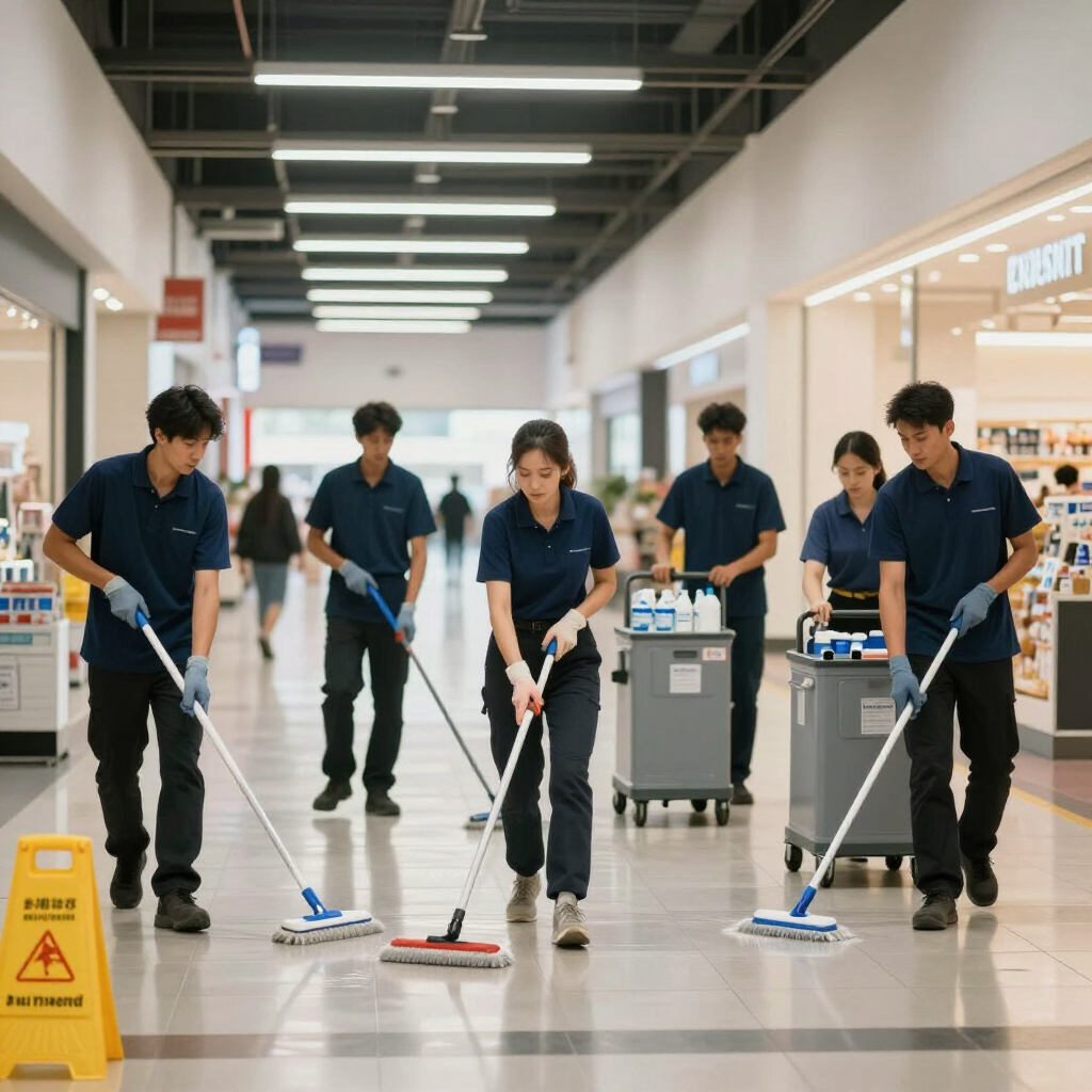 Uniformed cleaners in retail centre common area