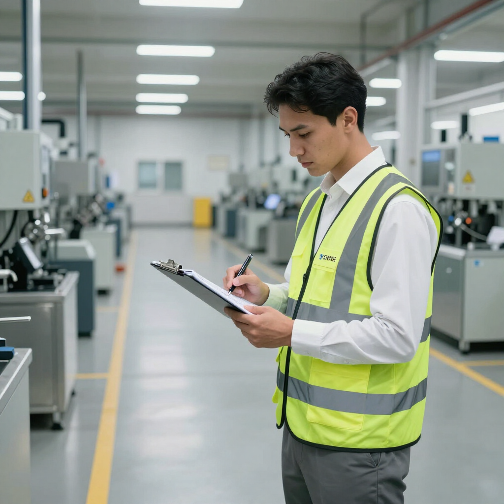 Safety officer reviewing compliance checklist on factory floor