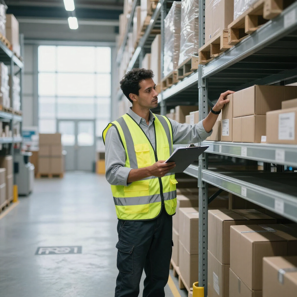 Warehouse worker inspecting clean racking