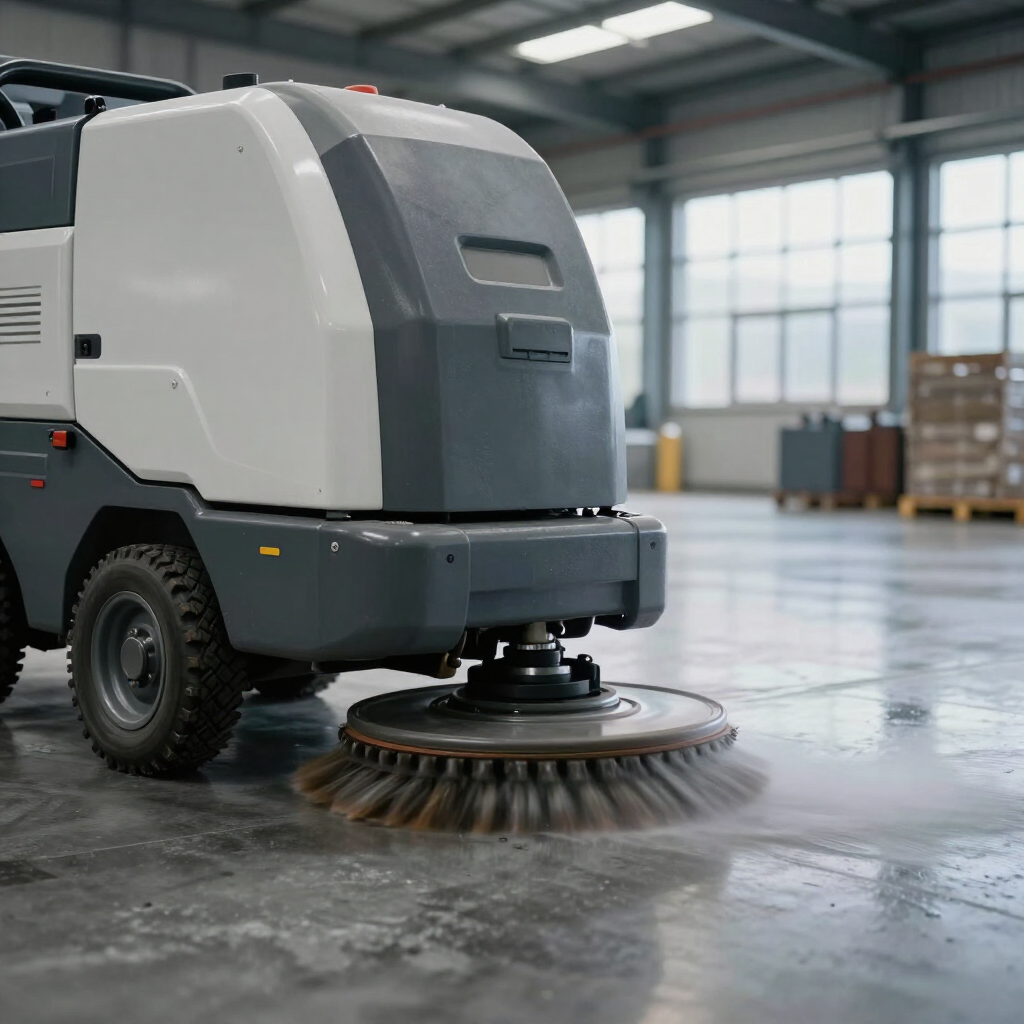 Industrial floor scrubbing machine in warehouse