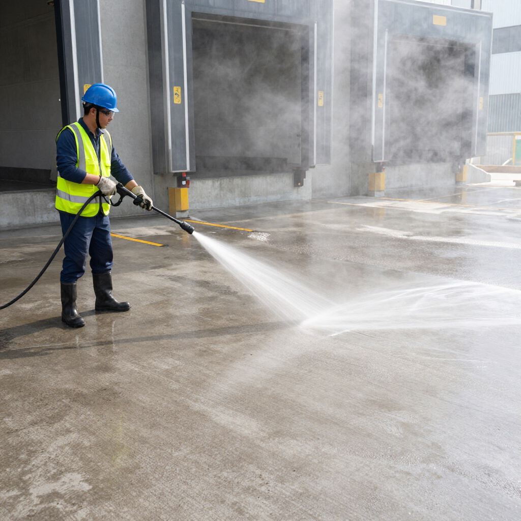 High-pressure cleaning of commercial loading dock with operator in safety gear