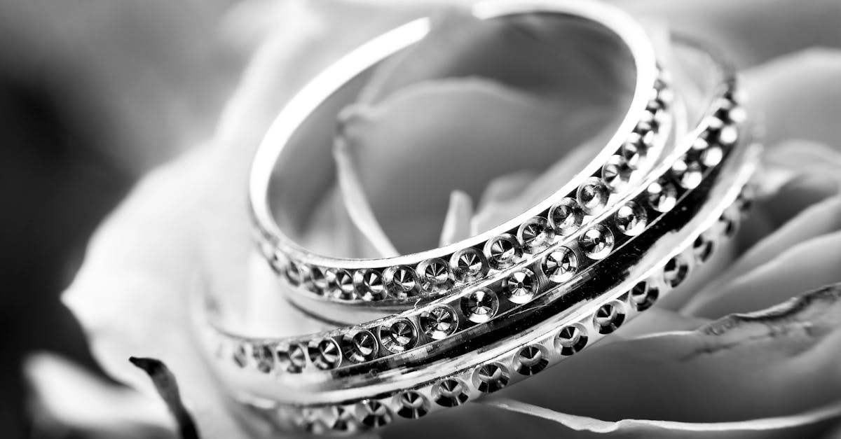 A black and white photo of a stack of silver rings on a rose.