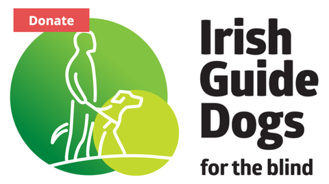 The logo for irish guide dogs for the blind shows a man holding a dog.