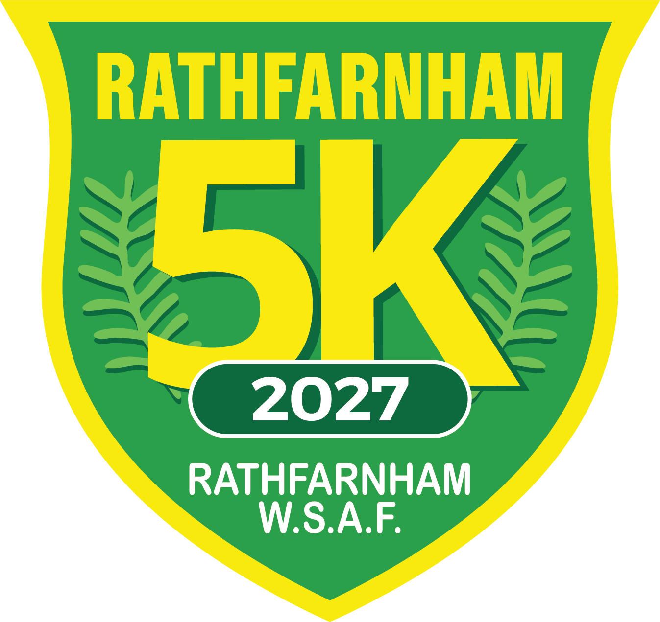 A green and yellow logo for rathfarnham 5k in 2025