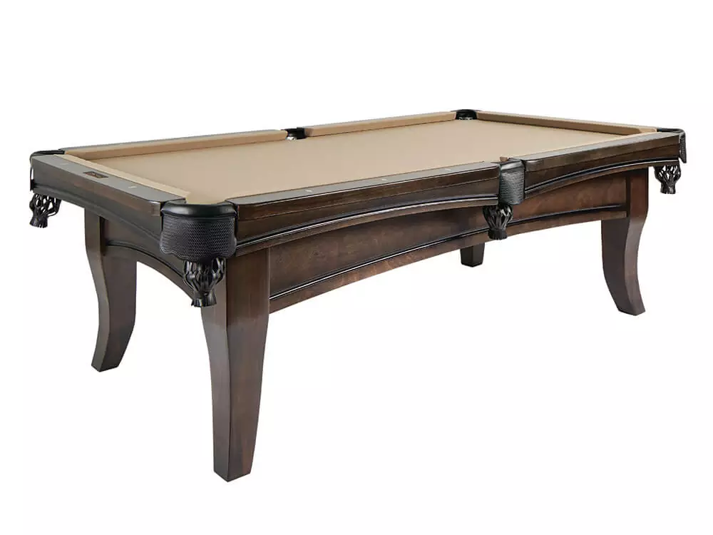 Pool table with balls and cue stick on green felt. Dark wood frame and legs.