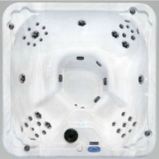 Top-down view of a square, white hot tub with multiple jets and control panel.