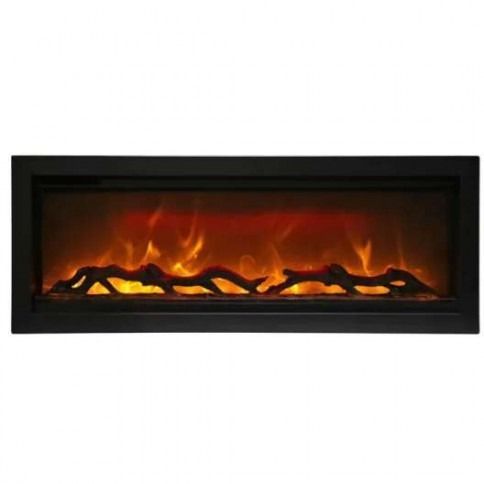 Electric fireplace with orange and yellow flames, black frame, and glowing embers.