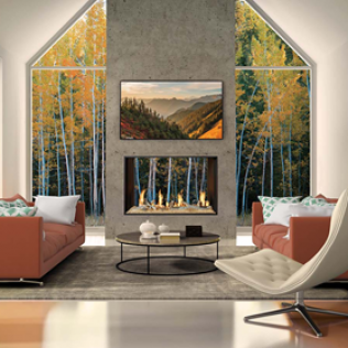 Modern living room with fireplace, TV, and large windows with fall foliage view. Two orange sofas, a white chair, and coffee table.