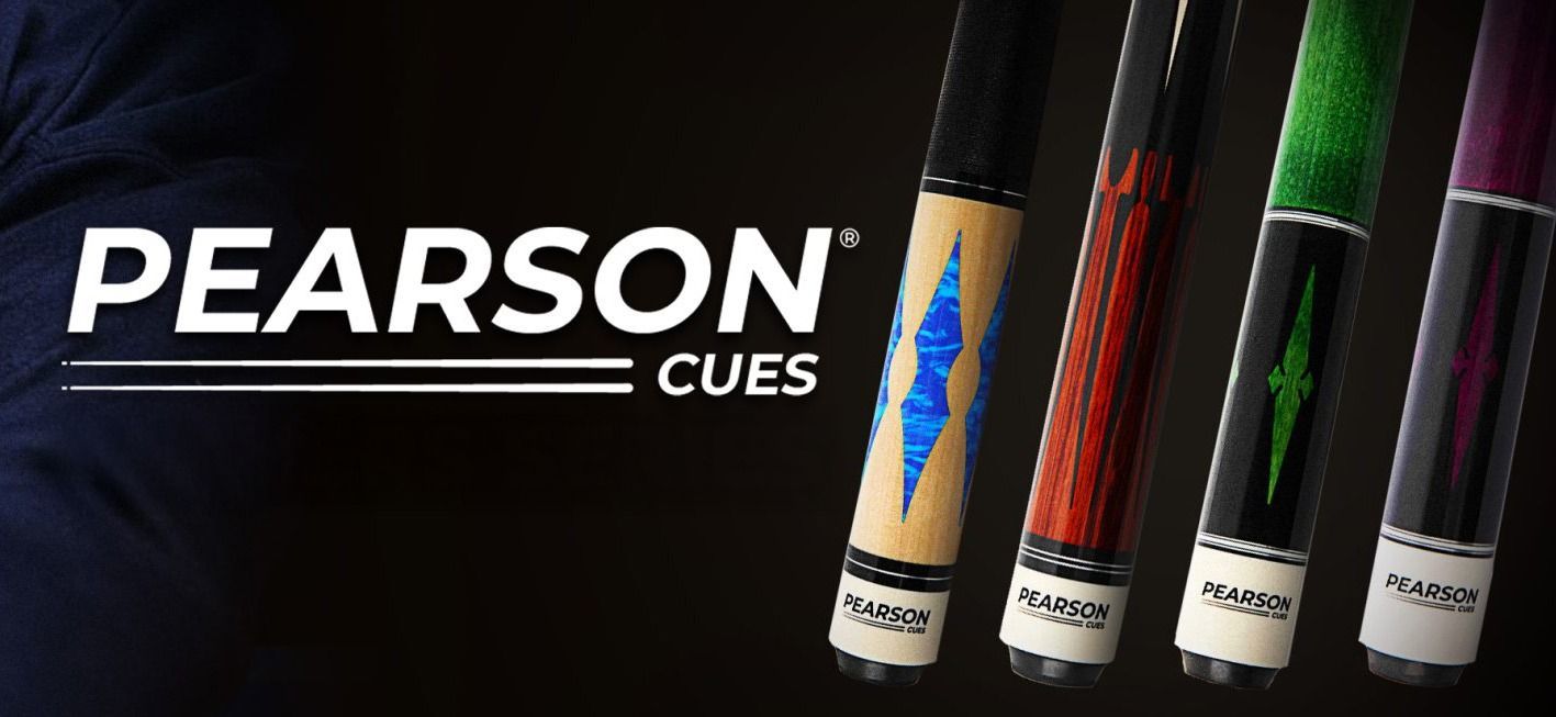 Pearson Cues logo with four colorful pool cues.
