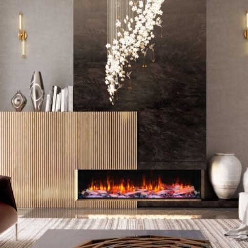 Modern living room with fireplace and decorative accents.