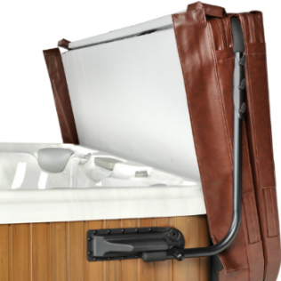 Spa cover lift with brown vinyl cover and black bracket.