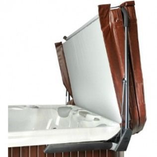Brown hot tub cover being lifted open by a cover lifter.