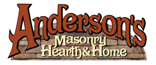 Anderson's Masonry Hearth & Home logo. Brown text over a stone background, with a curved top.