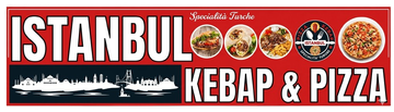 Un'insegna rossa per Istanbul Kebap & Pizza con la silhouette dello skyline della città, immagini di cibo e il logo su sfondo bianco.