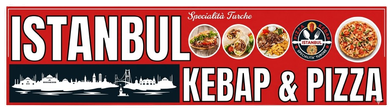 Un'insegna rossa per Istanbul Kebap & Pizza con la silhouette dello skyline della città , immagini di cibo e il logo su sfondo bianco.