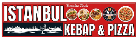 Un'insegna rossa per Istanbul Kebap & Pizza con la silhouette dello skyline della città , immagini di cibo e il logo su sfondo bianco.