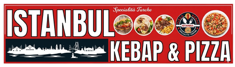 Un'insegna rossa per Istanbul Kebap & Pizza con la silhouette dello skyline della città , immagini di cibo e il logo su sfondo bianco.