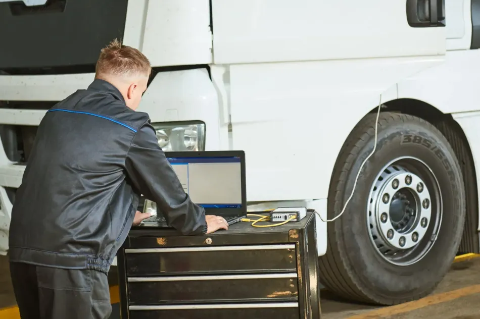 Mechanic using a laptop to diagnose a white truck beside its front wheel