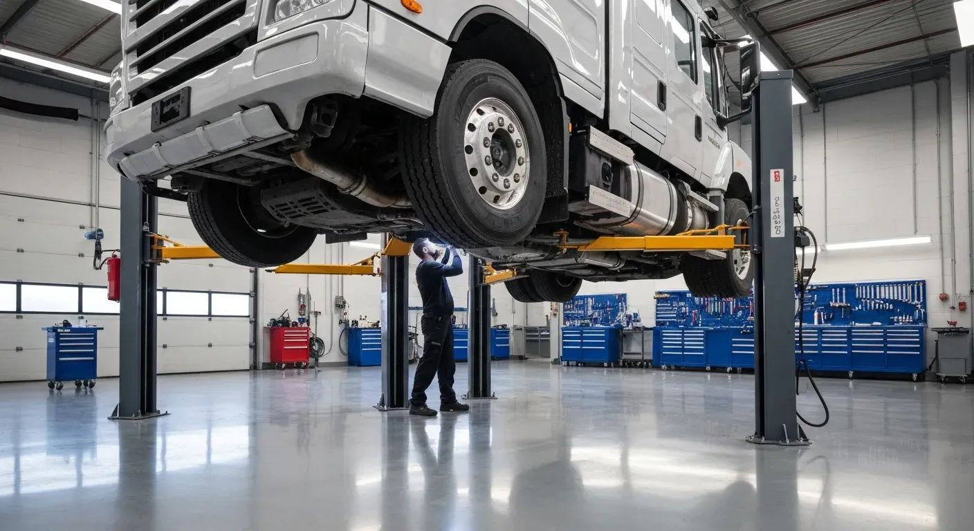 Large white truck lifted on a garage hoist in a bright auto repair shop, with a mechanic nearby.