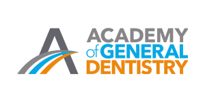 The logo for the Academy of General Dentistry, featuring a gray stylized 'A' with blue and orange curves and text.
