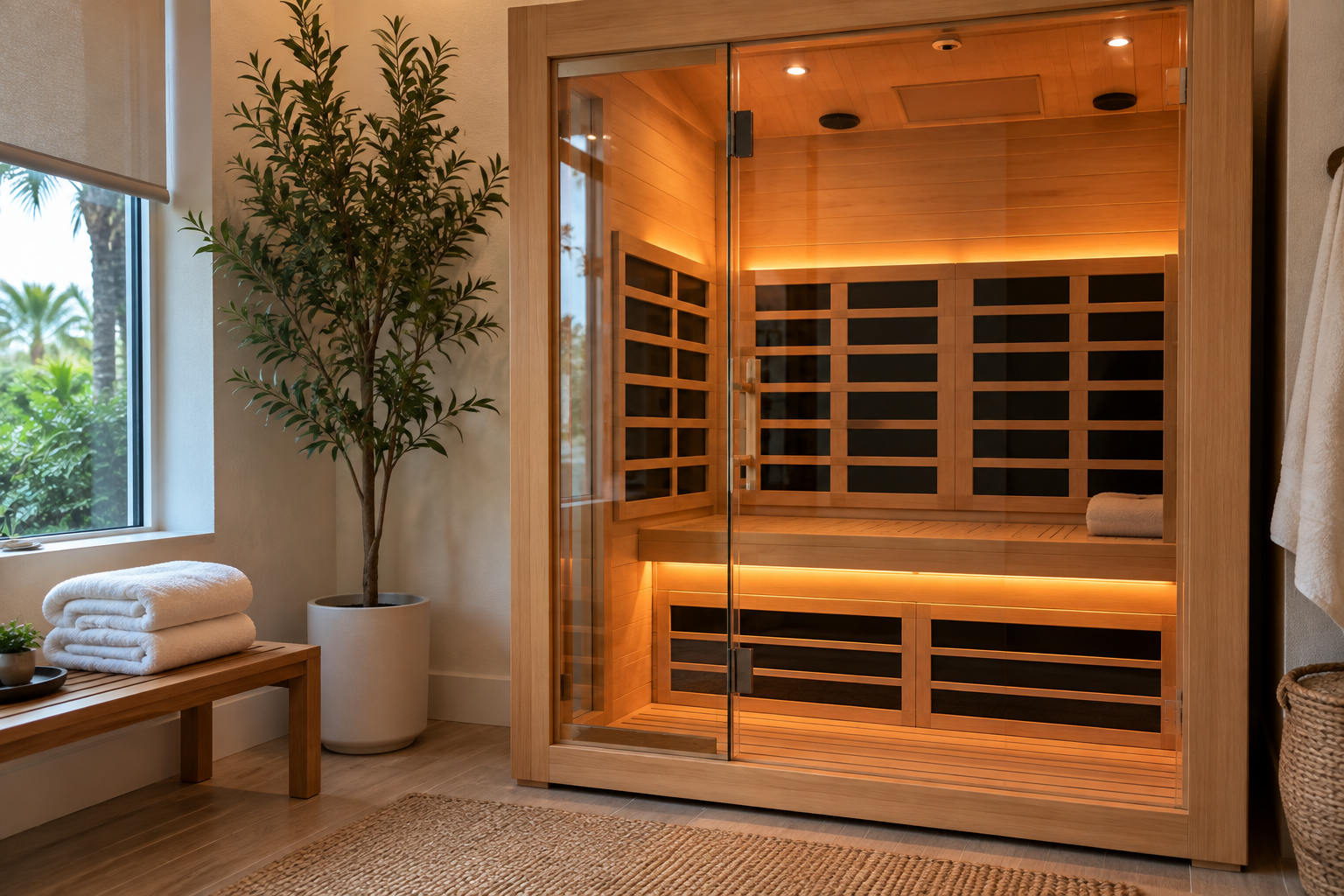 Modern indoor sauna with warm wood paneling, bench seating, and soft amber lighting in a spa-like room