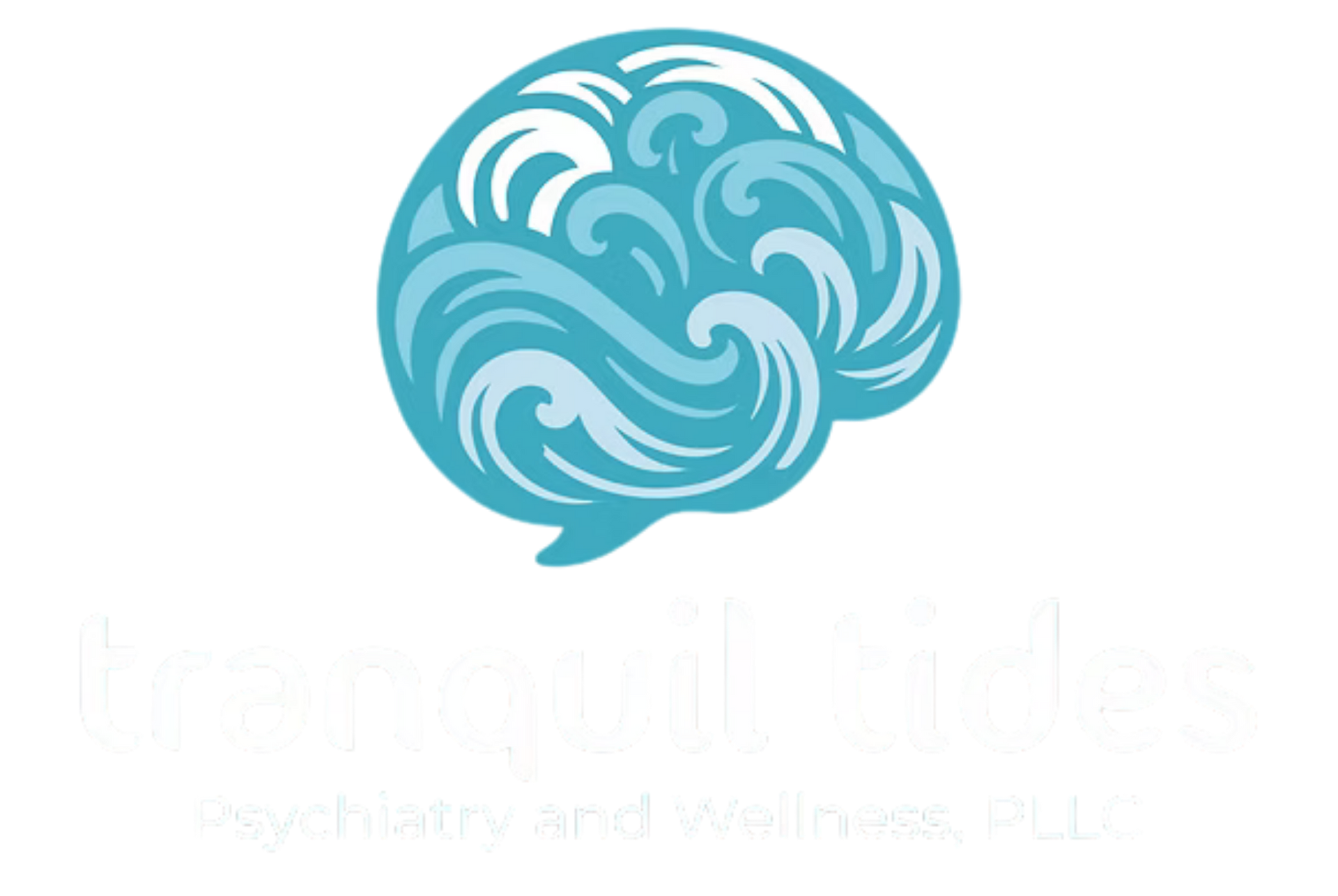 Blue stylized brain logo with swirling patterns and a speech-bubble tail
