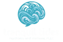 Blue stylized brain logo with swirling patterns and a speech-bubble tail