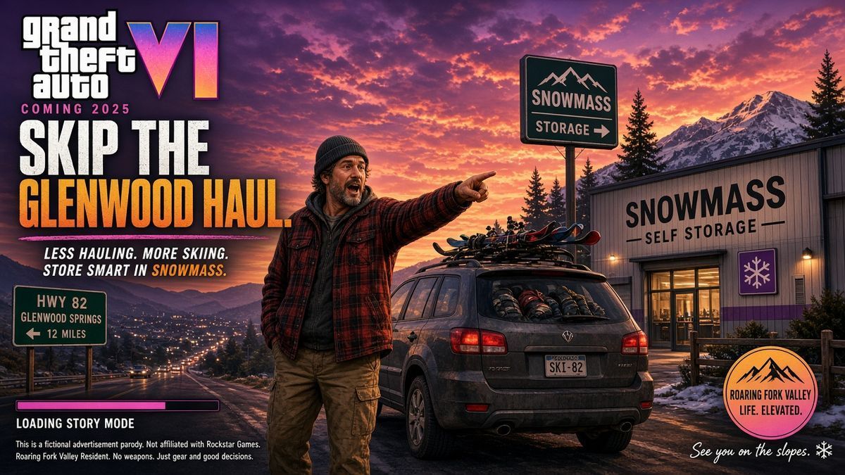 GTA-style illustration of a Roaring Fork local choosing Snowmass storage on Highway 82 instead of driving to Glenwood