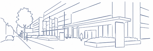 Minimalistische lijntekening van een moderne straat met bomen, gebouwen en een weg onder een heldere hemel.