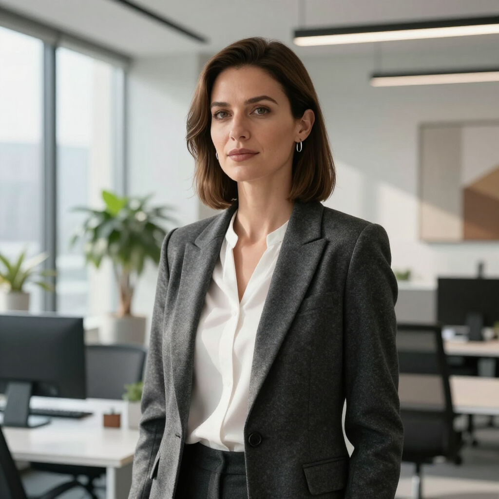 Een professionele vrouw in een grijze blazer staat in een modern kantoor met bureaus en beeldschermen.