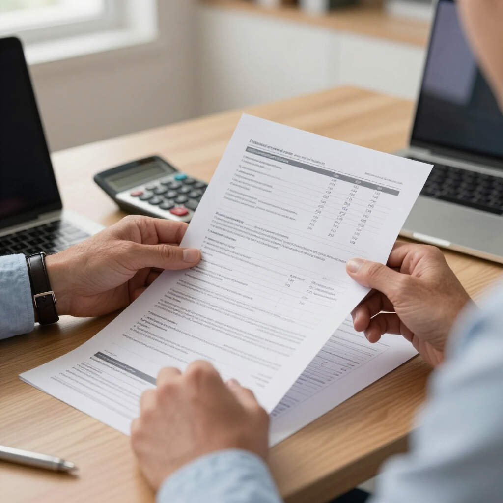 Twee personen bekijken een geprint financieel document aan een bureau, met een rekenmachine en laptop in de buurt.